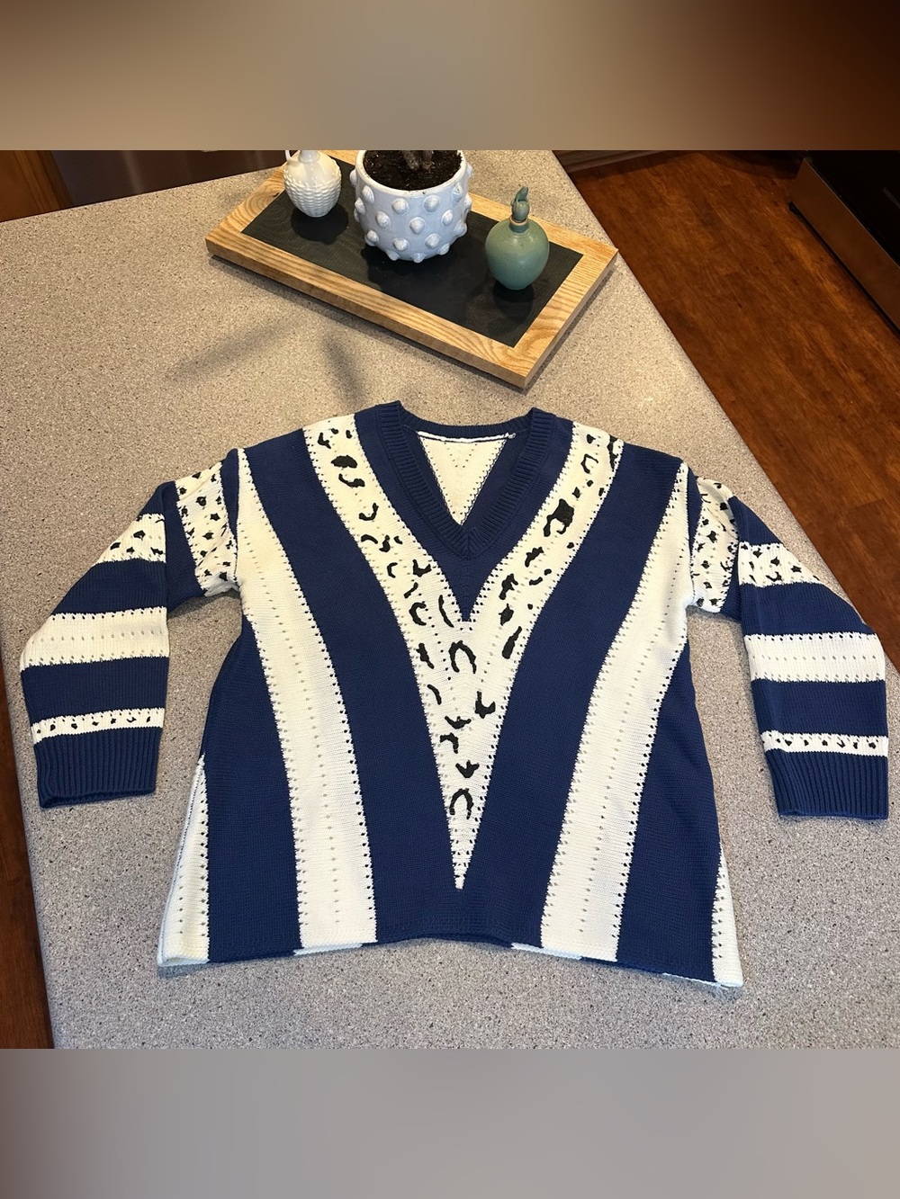 V-Neck Striped Lightweight Sweater in Blue and White